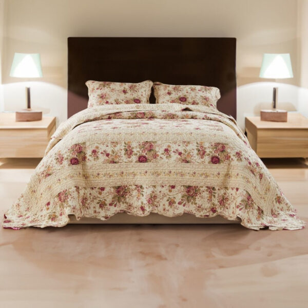 Rosle 3 Piece King Bedspread Set, Floral Print, Scalloped, Cream, Pink