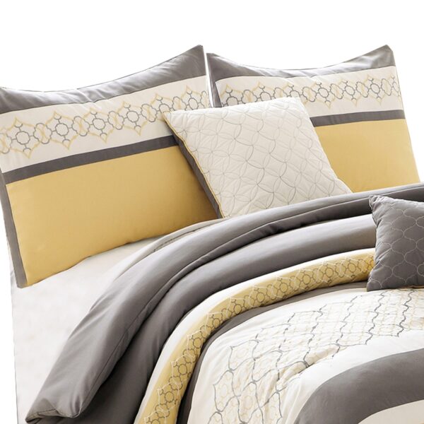 Quatrefoil Print Queen Size 7 Piece Fabric Comforter Set, Yellow and Gray