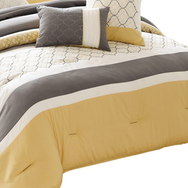 Quatrefoil Print Queen Size 7 Piece Fabric Comforter Set, Yellow and Gray