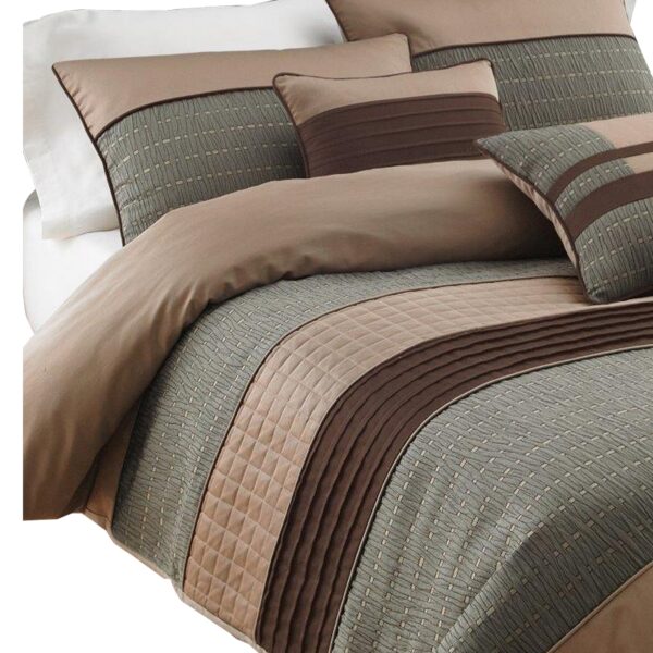 7 Piece Queen Comforter Set with Pleats and Texture, Gray and Brown