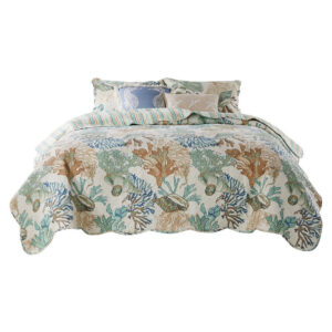 Wade 5 Piece King Quilt Set, Ocean Design, Scalloped Edges, Floral Pattern