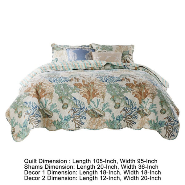 Wade 5 Piece King Quilt Set, Ocean Design, Scalloped Edges, Floral Pattern