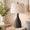 29 Inch Classic Table Lamp, Textured Lined Body, Ceramic, Charcoal Black