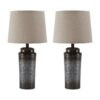 Ribbed Design Metal Body Table Lamp with Tapered Fabric Shade,Set of 2,Gray