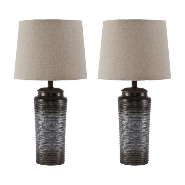 Ribbed Design Metal Body Table Lamp with Tapered Fabric Shade,Set of 2,Gray