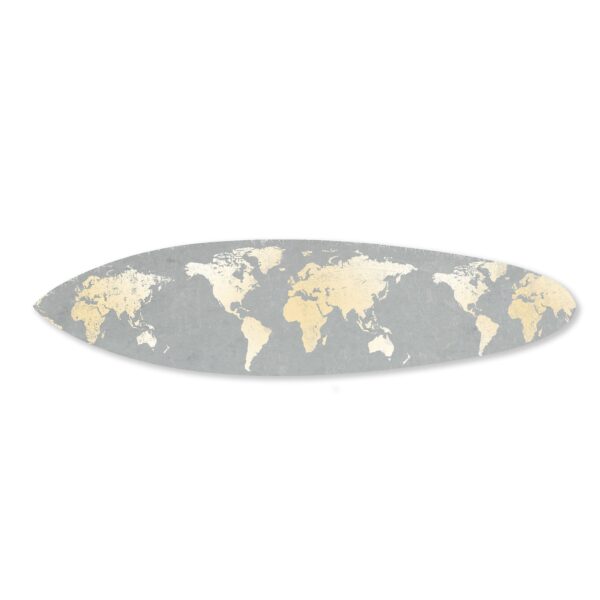 Wooden Surfboard Wall Art with World Map Print, Gray and White