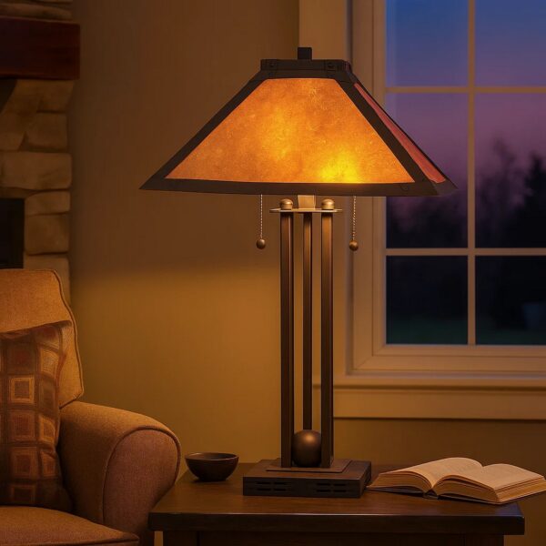 25 Inch Modern Ball Inlay Metal Body Table Lamp, Mica Shade, Bronze