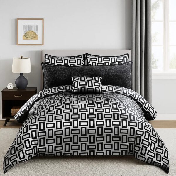 6 Piece Polyester Queen Comforter Set with Geometric Print, Gray and Black