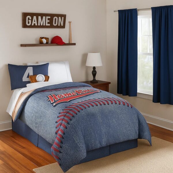 6 Piece Polyester Full Comforter Set with Baseball Inspired Print, Blue