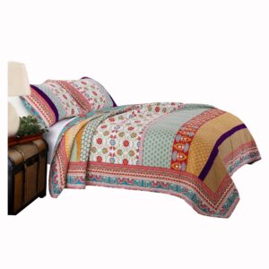 Geometric and Floral Print King Size Quilt Set with 2 Shams, Multicolor