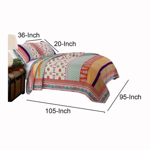 Geometric and Floral Print King Size Quilt Set with 2 Shams, Multicolor