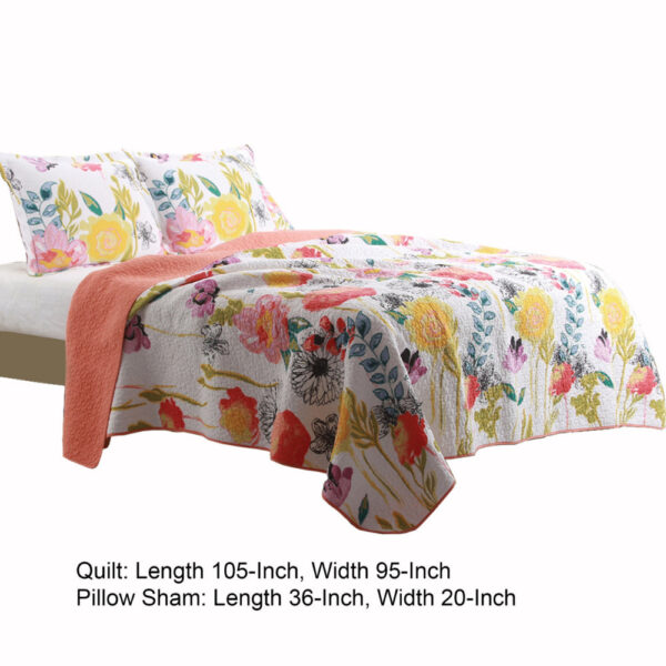 3 Piece Cotton King Size Quilt Set with Stencil Flower Print, Multicolor