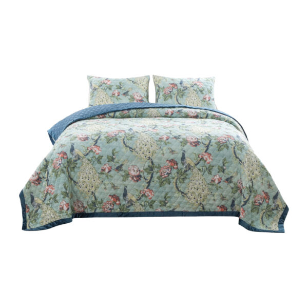 Eden 3 Piece Queen Quilt Set, Peacock and Songbirds, Light Green Microfiber