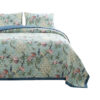 Eden 3 Piece Queen Quilt Set, Peacock and Songbirds, Light Green Microfiber