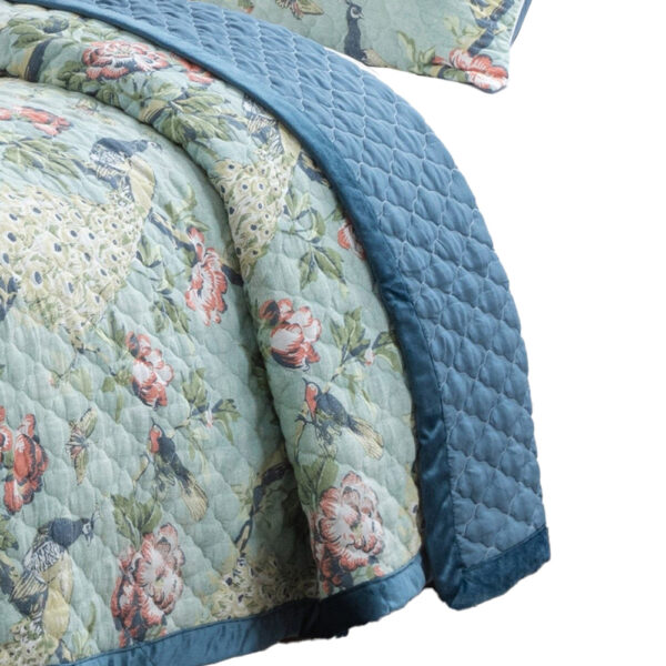 Eden 3 Piece Queen Quilt Set, Peacock and Songbirds, Light Green Microfiber