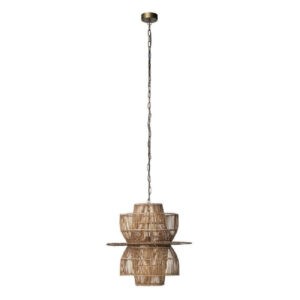 24 Inch Rattan Pendant Chandelier, Natural Brown, Brass