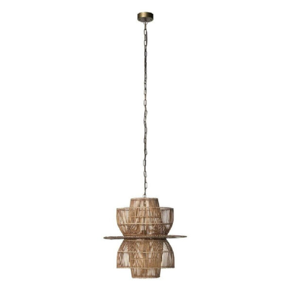 24 Inch Rattan Pendant Chandelier, Natural Brown, Brass