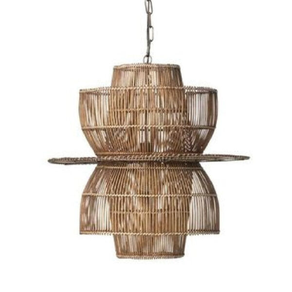 24 Inch Rattan Pendant Chandelier, Natural Brown, Brass