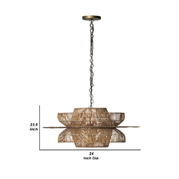 24 Inch Rattan Pendant Chandelier, Natural Brown, Brass
