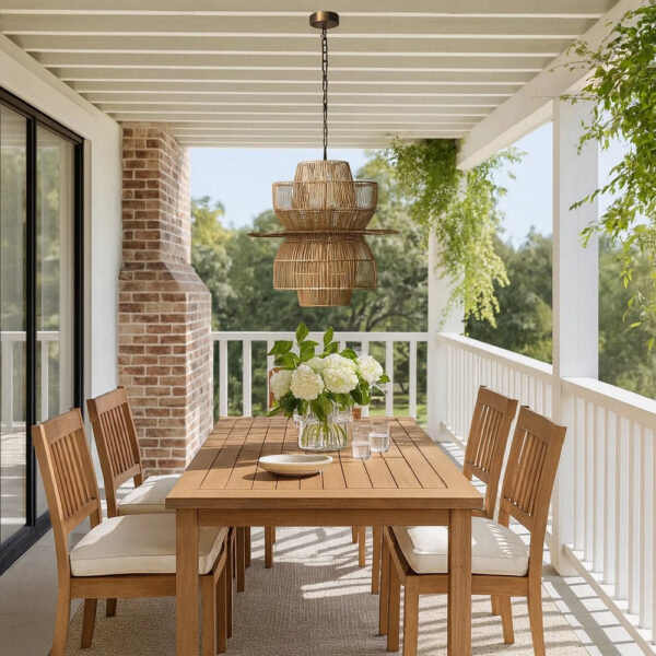 24 Inch Rattan Pendant Chandelier, Natural Brown, Brass