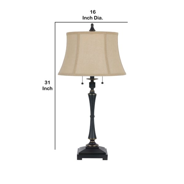 Metal Body Table Lamp with Fabric Tapered Bell Shade, Beige and Black