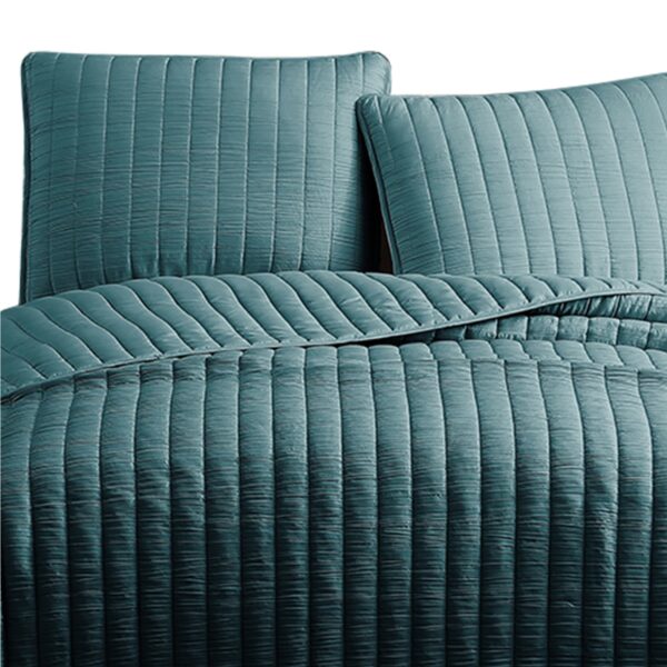 3 Piece Crinkle Queen Coverlet Set with Vertical Stitching, Turquoise Blue