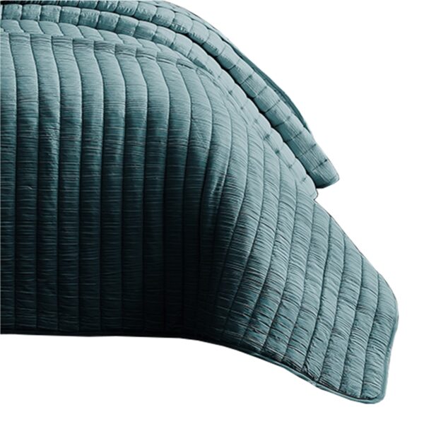 3 Piece Crinkle Queen Coverlet Set with Vertical Stitching, Turquoise Blue