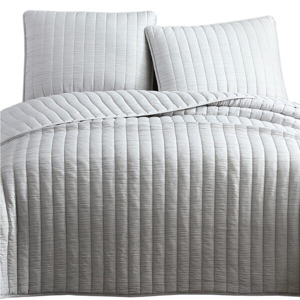 3 Piece Crinkle Queen Size Coverlet Set with Vertical Stitching,Light Gray