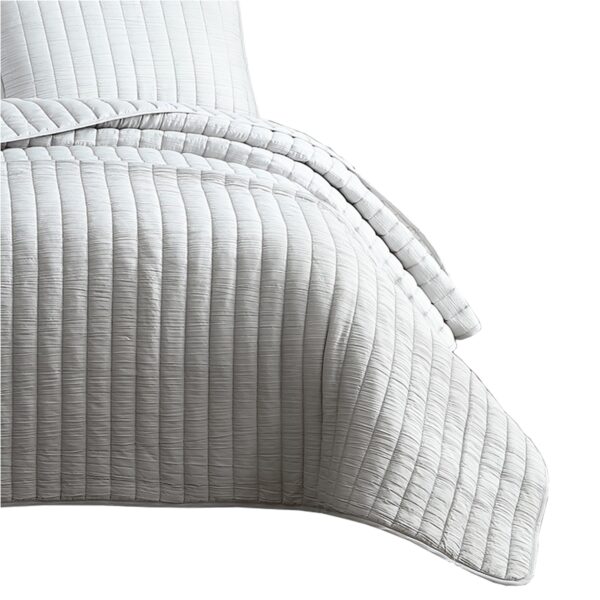3 Piece Crinkle Queen Size Coverlet Set with Vertical Stitching,Light Gray
