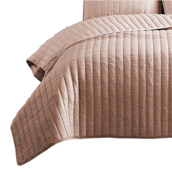 3 Piece Crinkles Queen Size Coverlet Set with Vertical Stitching, Pink