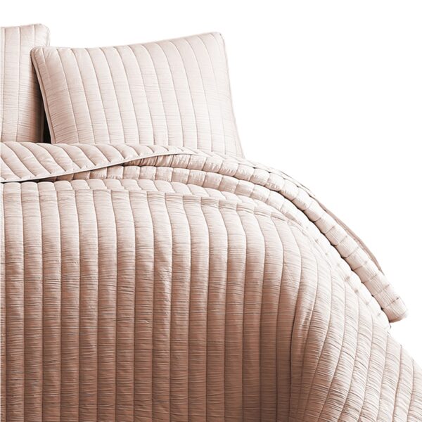 3 Piece Crinkles Queen Size Coverlet Set with Vertical Stitching, Pink