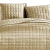 3 Piece King Size Coverlet Set with Stitched Square Pattern, Gold