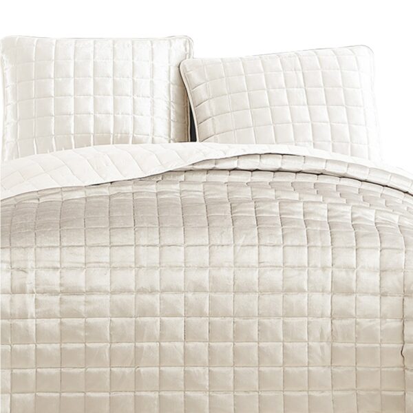 3 Piece Queen Size Coverlet Set with Stitched Square Pattern, Cream