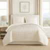 3 Piece Queen Size Coverlet Set with Stitched Square Pattern, Cream
