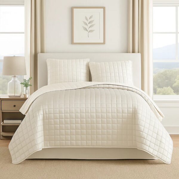 3 Piece Queen Size Coverlet Set with Stitched Square Pattern, Cream