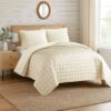 3 Piece Queen Size Coverlet Set with Stitched Square Pattern, Cream