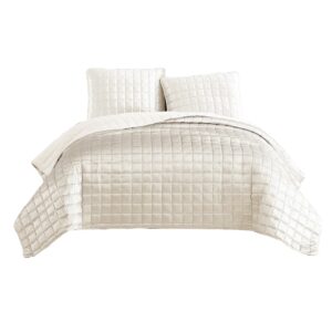3 Piece King Size Coverlet Set with Stitched Square Pattern, Cream