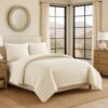 3 Piece King Size Coverlet Set with Stitched Square Pattern, Cream