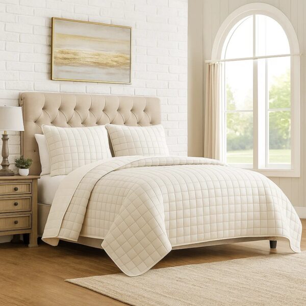 3 Piece King Size Coverlet Set with Stitched Square Pattern, Cream