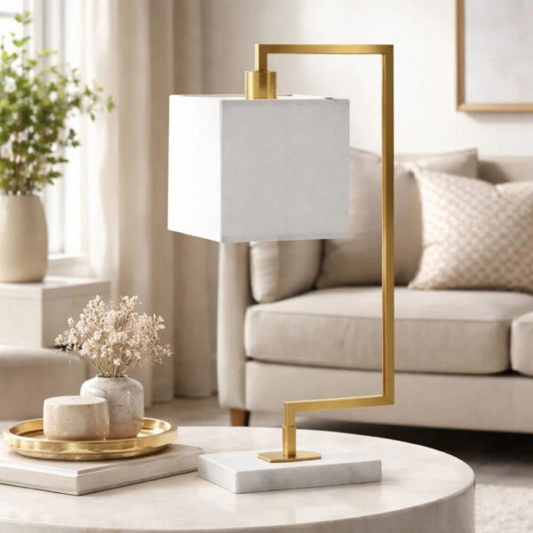 25 Inch Modern Geometric Table Lamp, Square Shade, White Marble Base, Gold