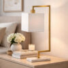 25 Inch Modern Geometric Table Lamp, Square Shade, White Marble Base, Gold