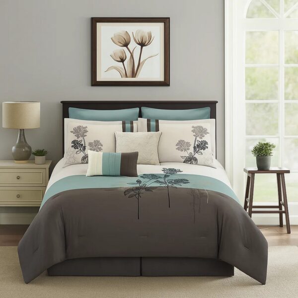 8 Piece Queen Polyester Comforter Set with Floral Embroidery, Multicolor