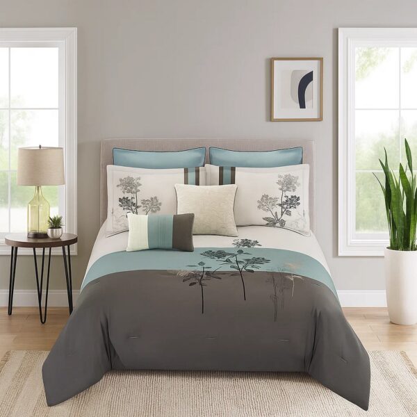 8 Piece Queen Polyester Comforter Set with Floral Embroidery, Multicolor