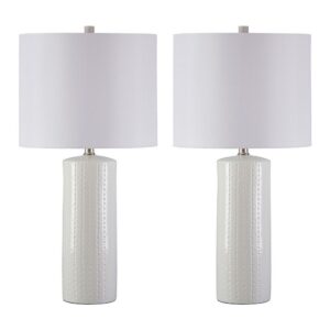 Carved Ceramic Base Table Lamp with Drum Shade, Set of 2, White