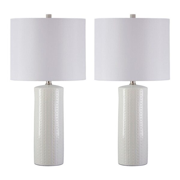 Carved Ceramic Base Table Lamp with Drum Shade, Set of 2, White