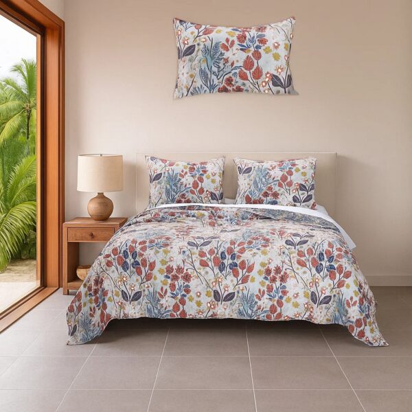 King Size 3 Piece Polyester Quilt Set with Floral Prints, Multicolor