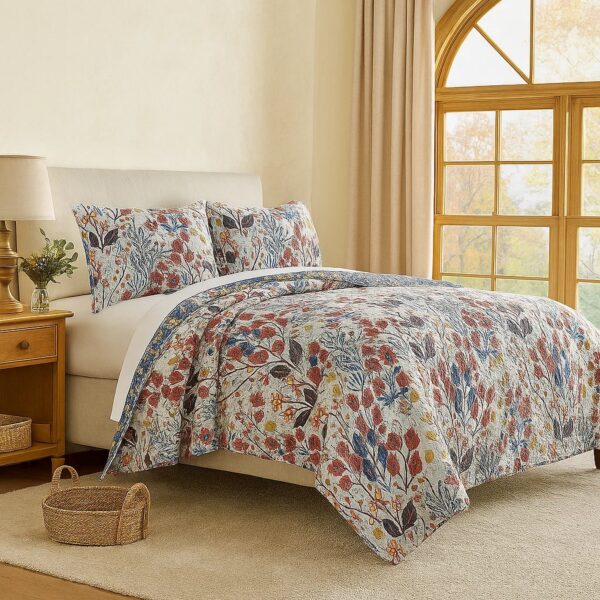 King Size 3 Piece Polyester Quilt Set with Floral Prints, Multicolor