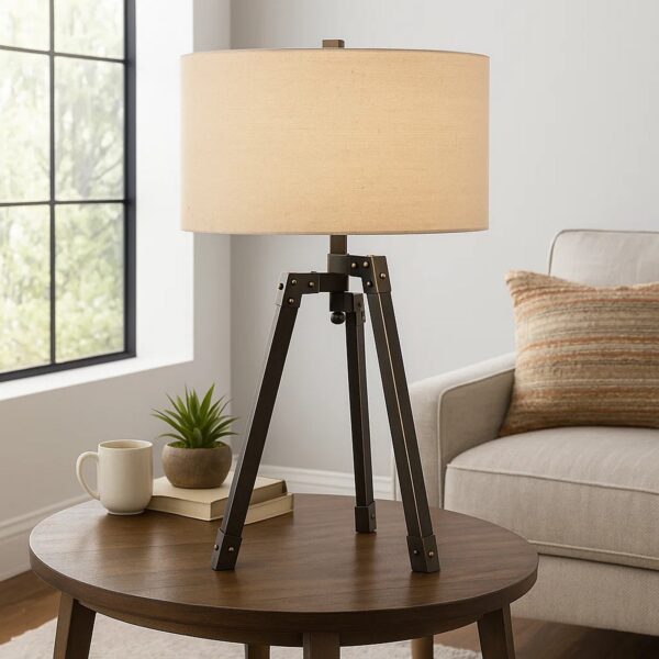Metal Tripod Base Table Lamp with Fabric Drum Shade, Bronze and Beige