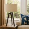 Metal Tripod Base Table Lamp with Fabric Drum Shade, Bronze and Beige