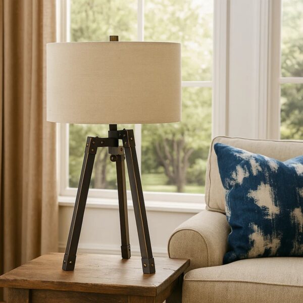 Metal Tripod Base Table Lamp with Fabric Drum Shade, Bronze and Beige